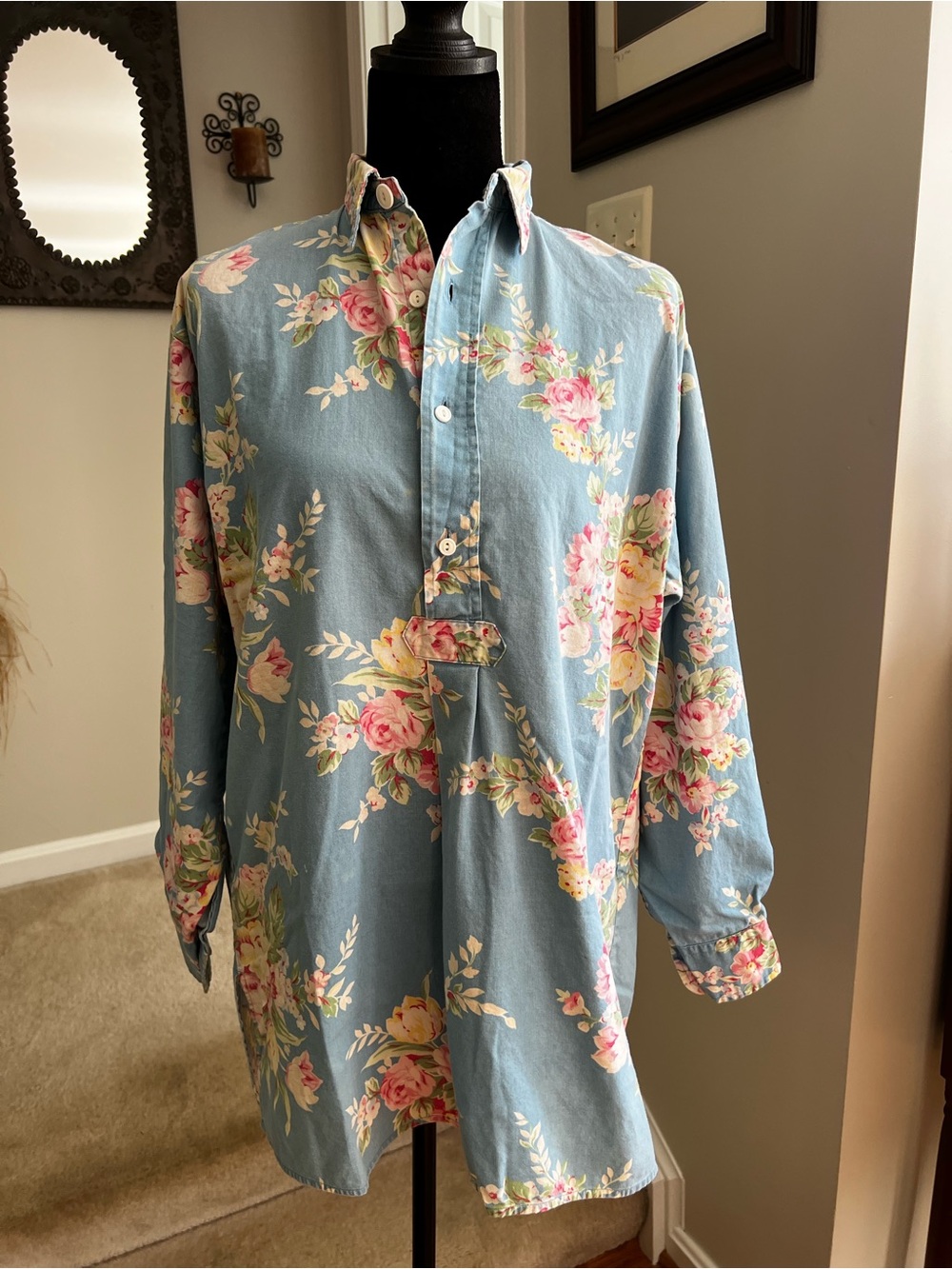 VTG Ralph Lauren Garment Washed Blue Floral Long-Sleeve Popover Shirt Size 8